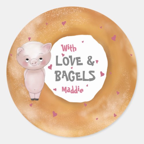 Cute Piggy With Love  Bagels  White Pink Grey Classic Round Sticker