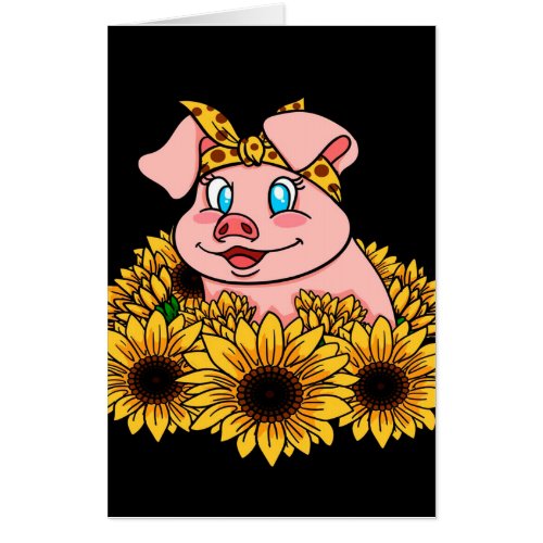 Cute Piggy With Sunflowers Black Background Card