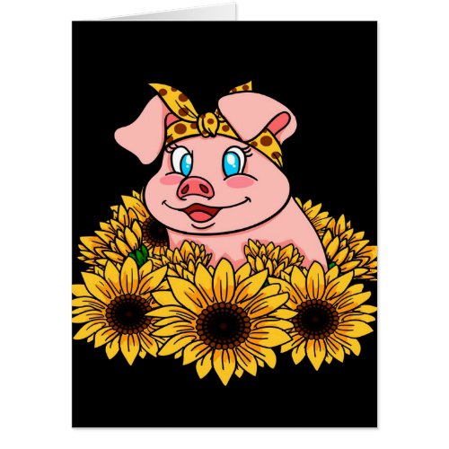 Cute Piggy With Sunflowers Black Background Card