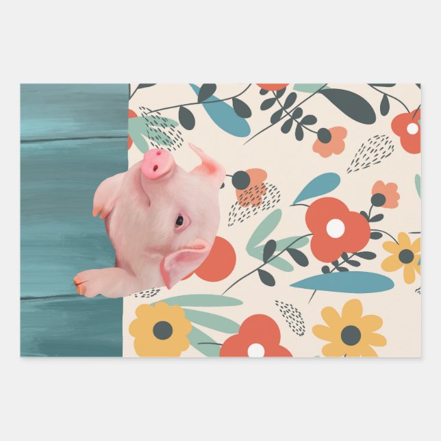 Cute Piglet and Cheerful Flowers Wrapping Paper Sheets (Front)