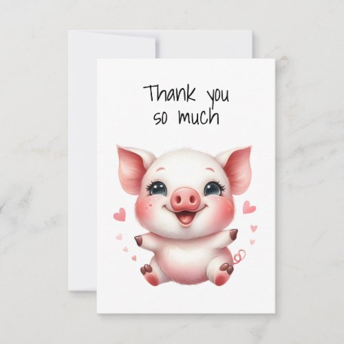 Cute Piglet and Pink Hearts Flat Thank You Card