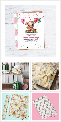 Cute Piglet Eating Watermelon 1st Birthday -FS