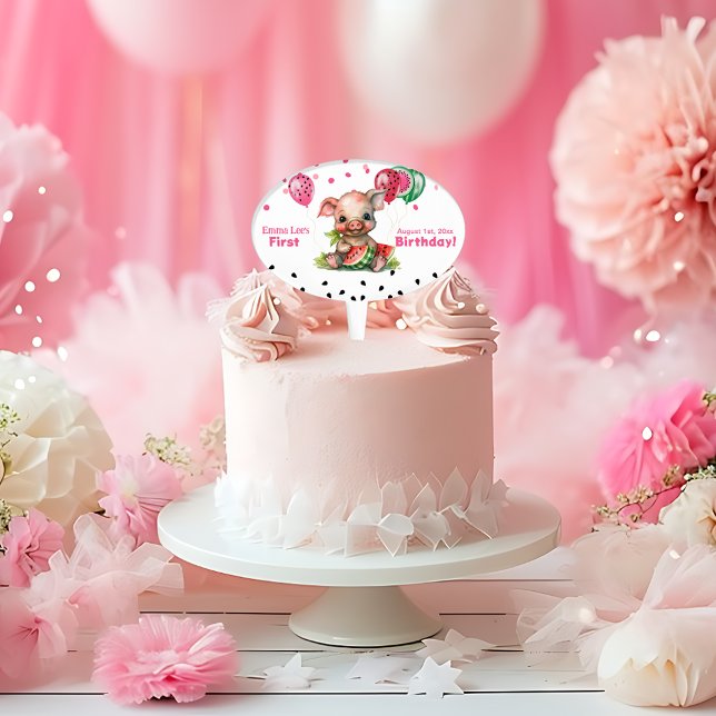 Cute Piglet Eating Watermelon Birthday Paper Cake Topper (Creator Uploaded)
