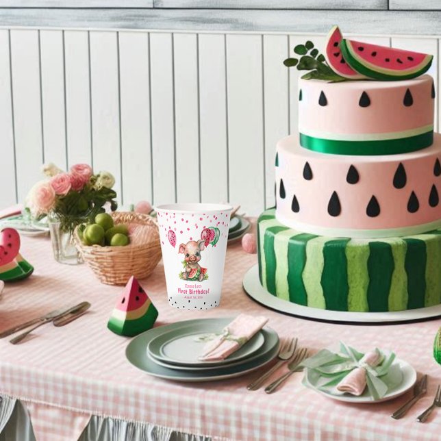 Cute Piglet Eating Watermelon Birthday Paper Cups (Creator Uploaded)
