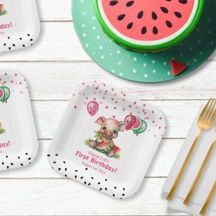 Cute Piglet Eating Watermelon Birthday Paper Plates