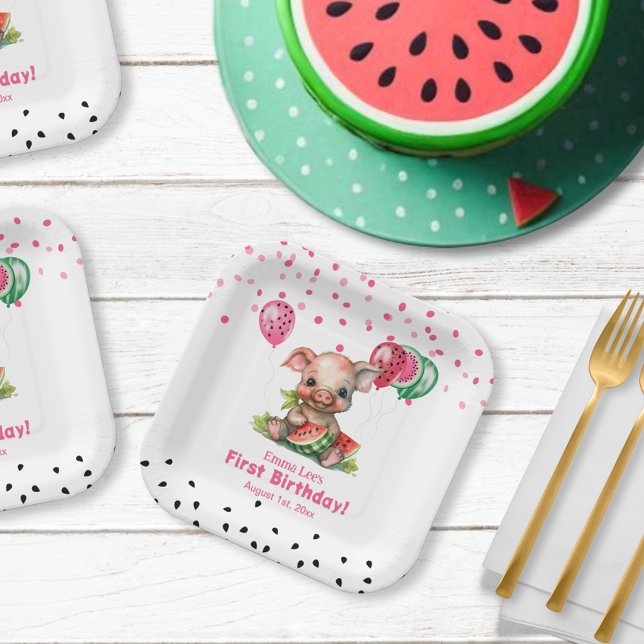 Cute Piglet Eating Watermelon Birthday Paper Plates (Creator Uploaded)