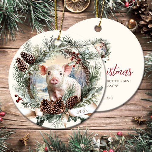 Cute piglet farm animals Christmas pinecone wreath Ceramic Ornament