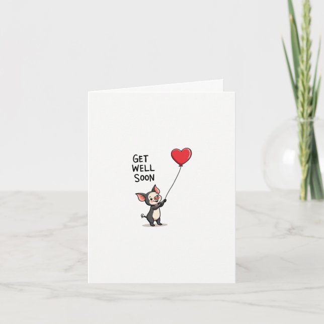 Cute Piglet Get Well Soon Card with Heart Balloon (Front)