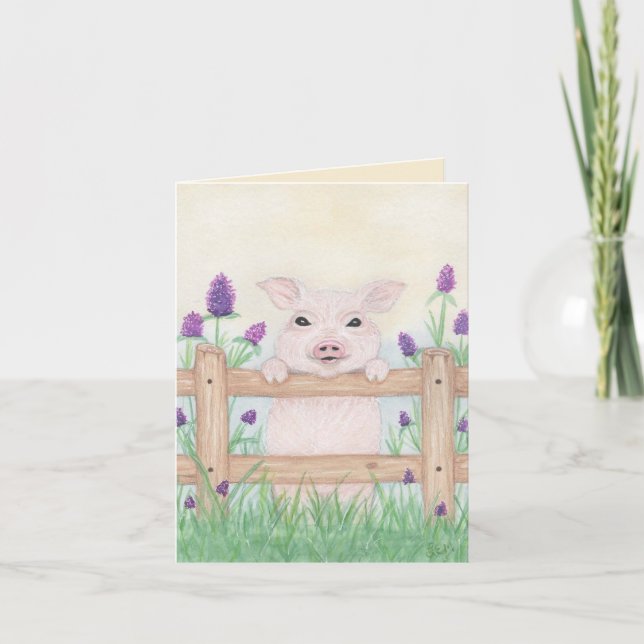 Cute Piglet on a Fence Letterpress Thank You Card (Front)