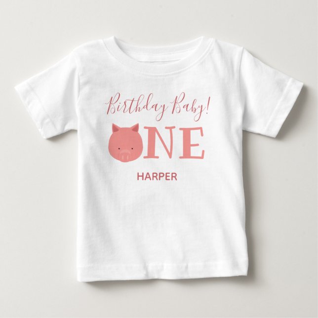 Cute Piglet One Name First Birthday Baby T-Shirt (Front)