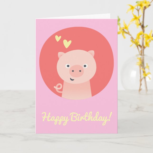 Cute Piglet - Personalized Kids Birthday Card (Yellow Flower)