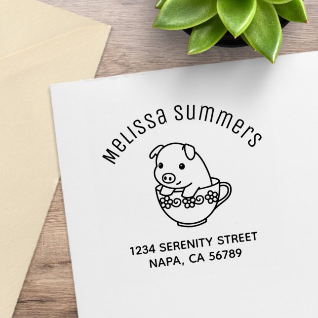 Cute Piglet Pig in a Teacup Arch Address Rubber Stamp (Creator Uploaded)