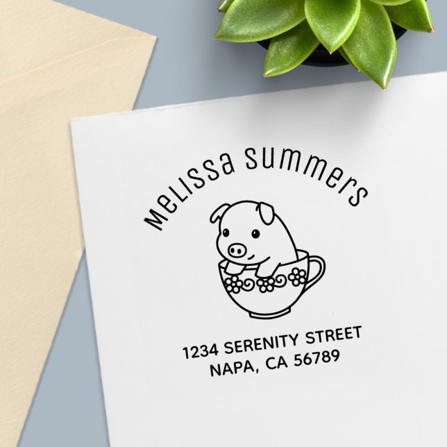 Cute Piglet Pig in a Teacup Arch Address Self-inking Stamp (Creator Uploaded)