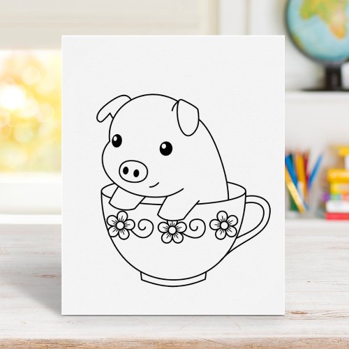 Cute Piglet Pig in a Teacup Coloring Page Poster