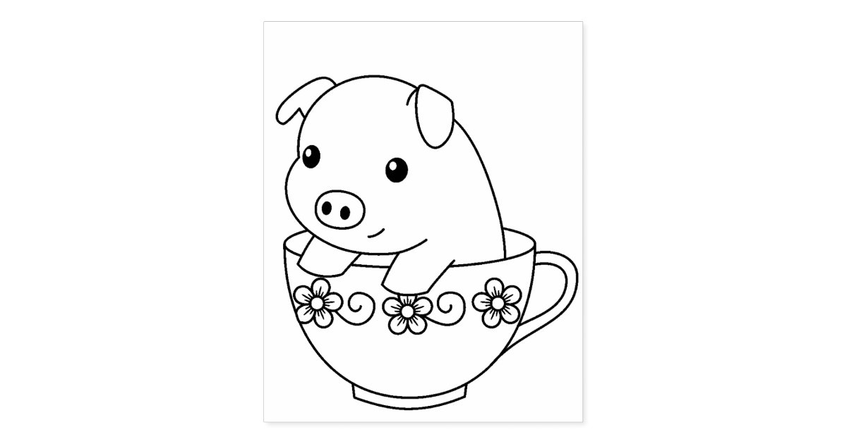 Cute Piglet Pig in a Teacup Coloring Page Rubber Stamp