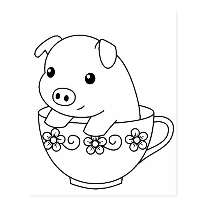 Cute Piglet Pig in a Teacup Coloring Page Rubber Stamp | Zazzle.com