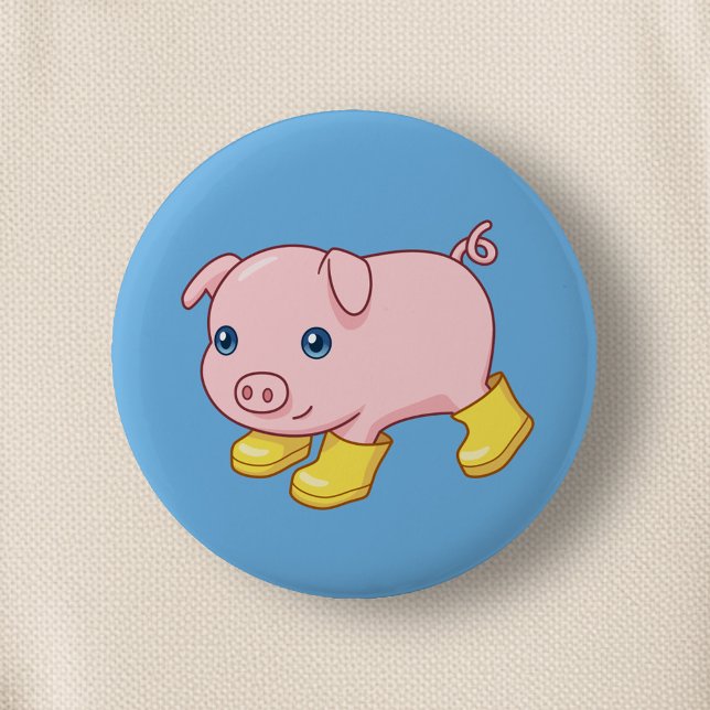 Cute Piglet Pig in Yellow Rubber Boots Blue Button (Creator Uploaded)