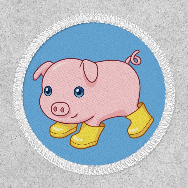 Cute Piglet Pig in Yellow Rubber Boots Blue Patch (Front)