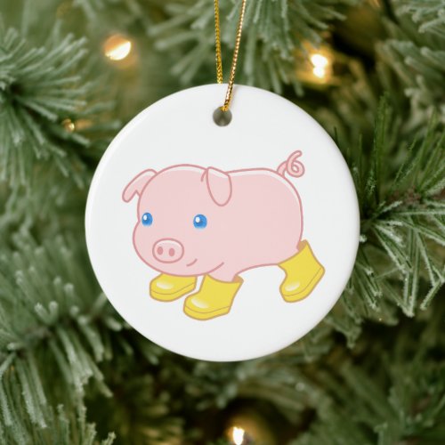 Cute Piglet Pig in Yellow Rubber Boots Ceramic Ornament