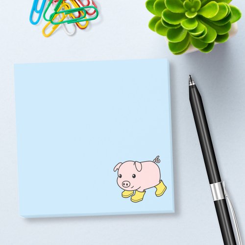 Cute Piglet Pig in Yellow Rubber Boots on Blue Post_it Notes