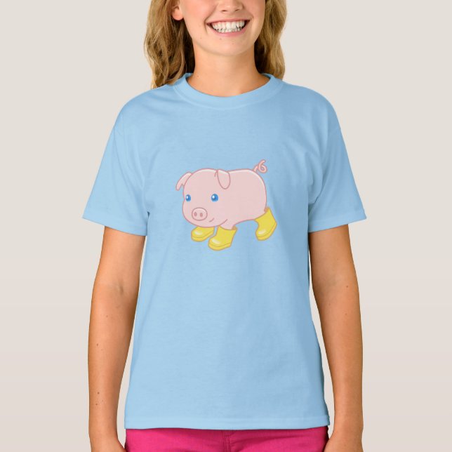 Cute Piglet Pig in Yellow Rubber Boots T-Shirt (Front)