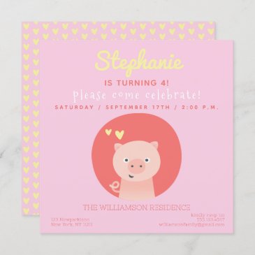 Cute Piglet  Pink Girls Birthday Party Invitation
