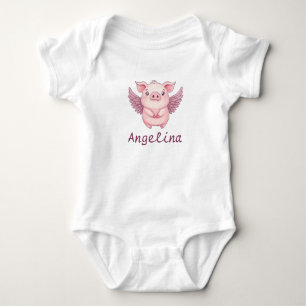 Cute Piglet with Angel Wings Baby Name Bodysuit