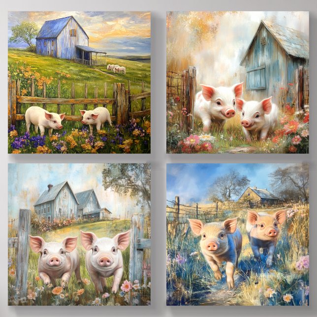 Cute Piglets Playing in the Field Acrylic Photo Tile (Front Set)