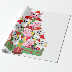 Cute Pigs and Sheep Christmas Tree Wrapping Paper