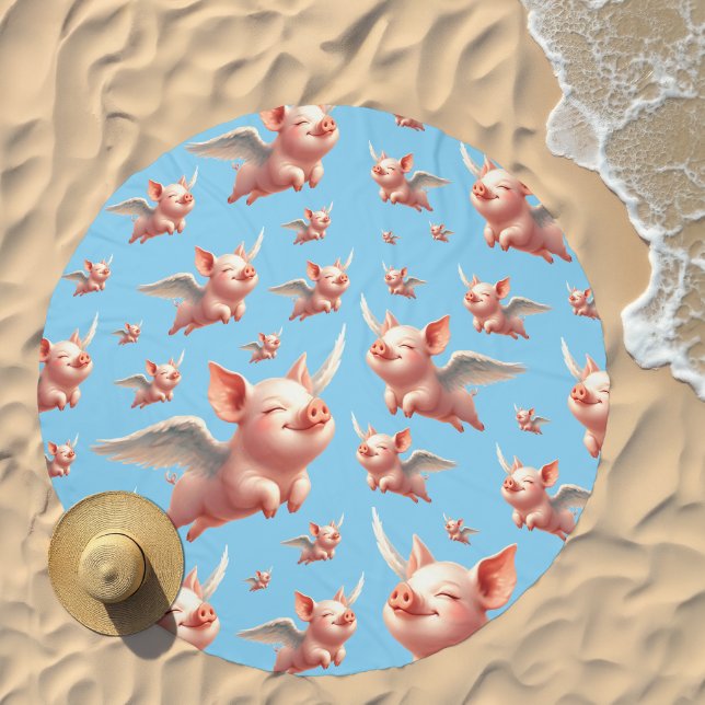 Cute Pigs Flying Blissfully in Sunny Blue Skies Beach Towel (Beach)