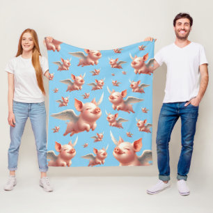 Cute Pigs Flying Blissfully in Sunny Blue Skies Fleece Blanket