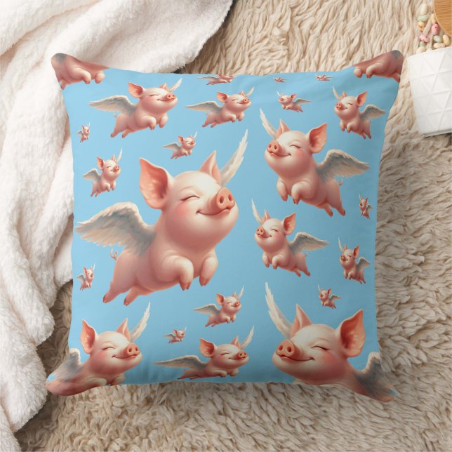 Cute Pigs Flying Blissfully in Sunny Blue Skies Throw Pillow (Blanket)