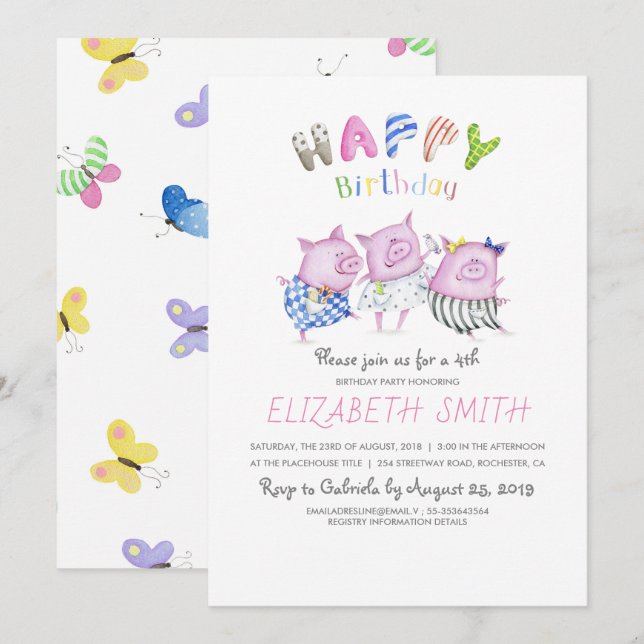Cute Pigs Happy Birthday Party Invitation (Front/Back)