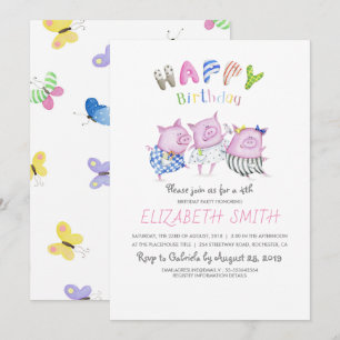 Cute Pigs Happy Birthday Party Invitation