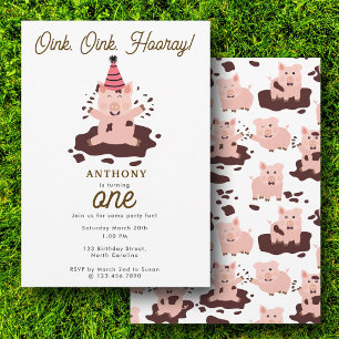 Cute Pigs Playing in Mud Farm Animals 1st Birthday Invitation