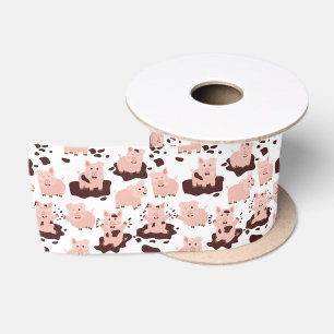 Cute Pigs Playing in Mud Farm Animals Satin Ribbon