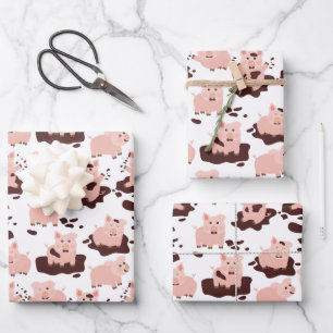 Cute Pigs Playing in Mud Farm Animals Wrapping Paper Sheets