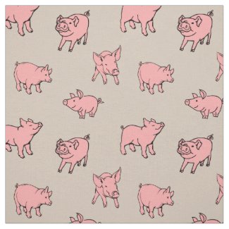 Cute Pigs Printed Fabric Pink and Tan