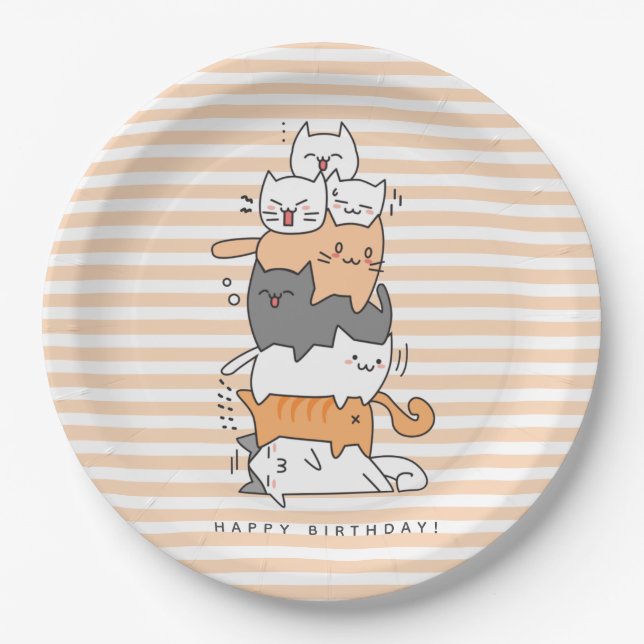 Cute Pile of Cats Happy Birthday Paper Plates (Front)