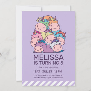 Cute Pile of Unicorns Purple Kids Birthday Invitation