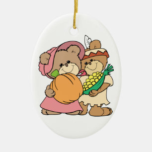 cute pilgrim and indian thanksgiving teddy bears ceramic ornament