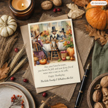 Cute Pilgrim Family with Cat Thanksgiving Holiday