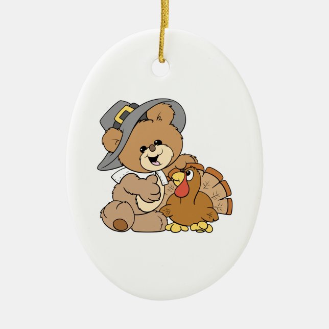 cute pilgrim teddy bear with turkey ceramic ornament (Front)