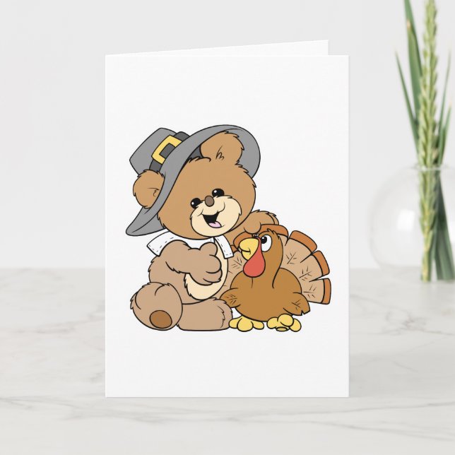 cute pilgrim teddy bear with turkey holiday card (Front)