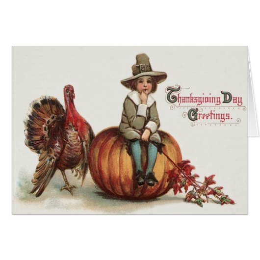 Cute Pilgrim Turkey Pumpkin Fall Leaves Cards (Front Horizontal)