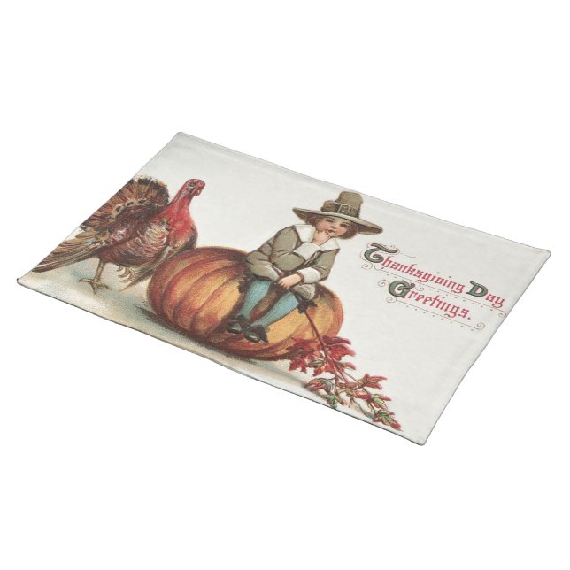 Cute Pilgrim Turkey Pumpkin Fall Leaves Cloth Placemat (On Table)