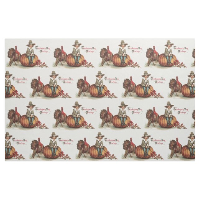 Cute Pilgrim Turkey Pumpkin Fall Leaves Fabric (Yard)