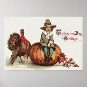Cute Pilgrim Turkey Pumpkin Fall Leaves Poster