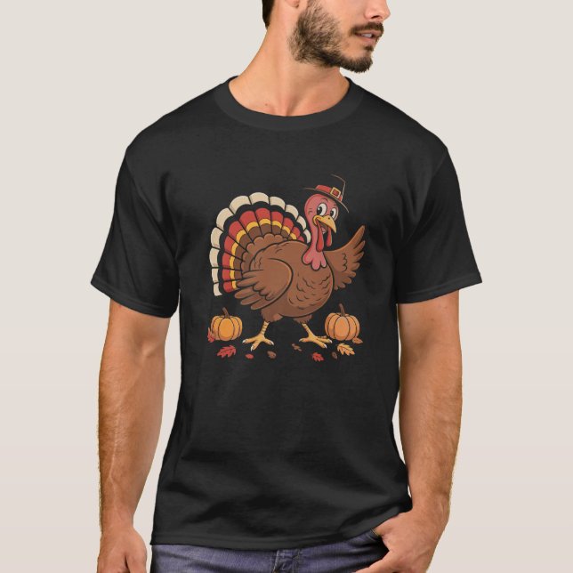 Cute Pilgrim Turkey with Pumpkins Fall Harvest Hol T-Shirt (Front)