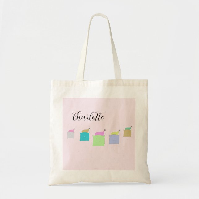 Cute Pillow Cats Illustration Monogrammed Tote Bag (Front)
